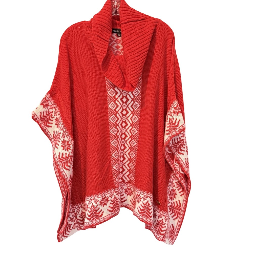 Black Rivet Red Fair Isle Nordic‎ Poncho Sweater One Size Cowl Holiday Sparkle